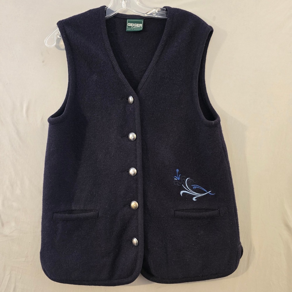 Geiger Boiled Wool Vest 40 Womens Navy Blue Floral Embroidery Button Front